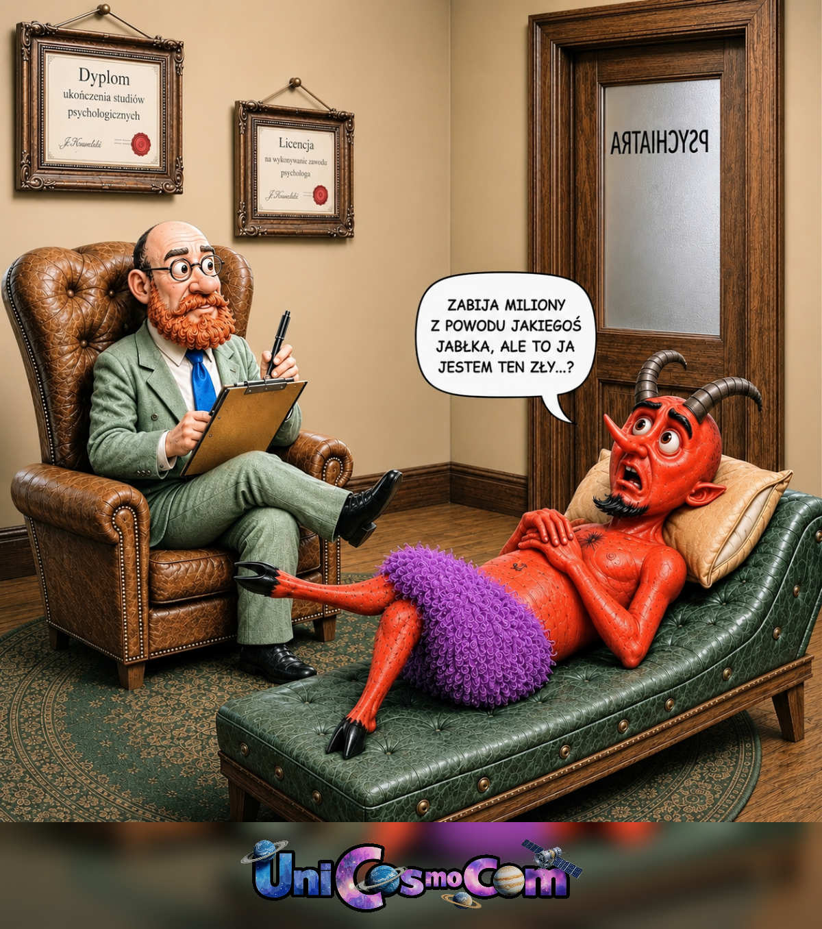 Diabeł u psychiatry – Mem internetowy w UniCosmoCom [#mem #diabeł #psychiatra #zło]